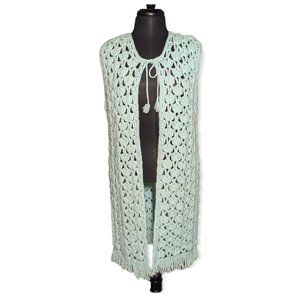 Vintage Hand Crochet Long Cardigan w/ Fringe Mint Green Size Large